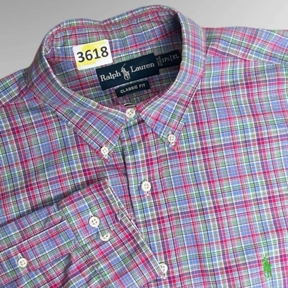 Ralph Lauren Classic Fit Green/Pink Plaid Button Up Shirt Men 17.5/XL Indonesia